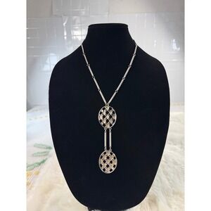 Vintage Silver Tone Double Oval Lattice Pendant Necklace Multi Strand Chain